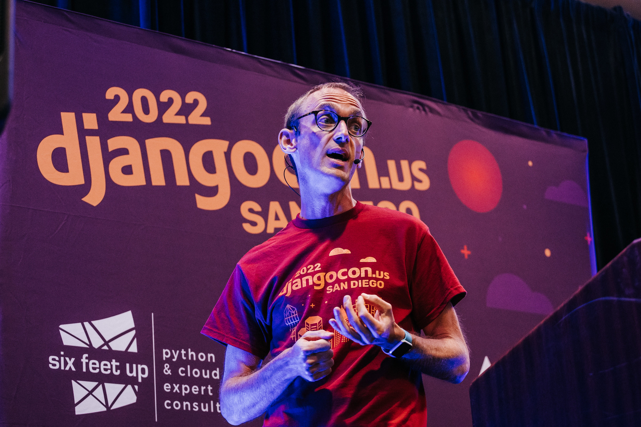 Speaker addressing a crowd at DjangoCon US 2022 in San Diego